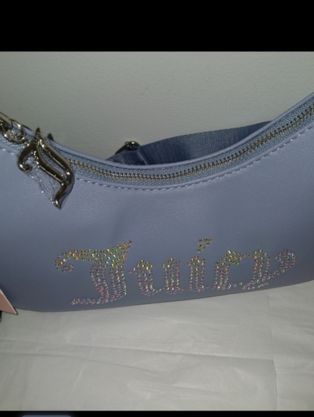 Juicy Couture Obsession Rhinestone Logo Crescent Crossbody Bag, Slate Blue - Picture 2 of 9